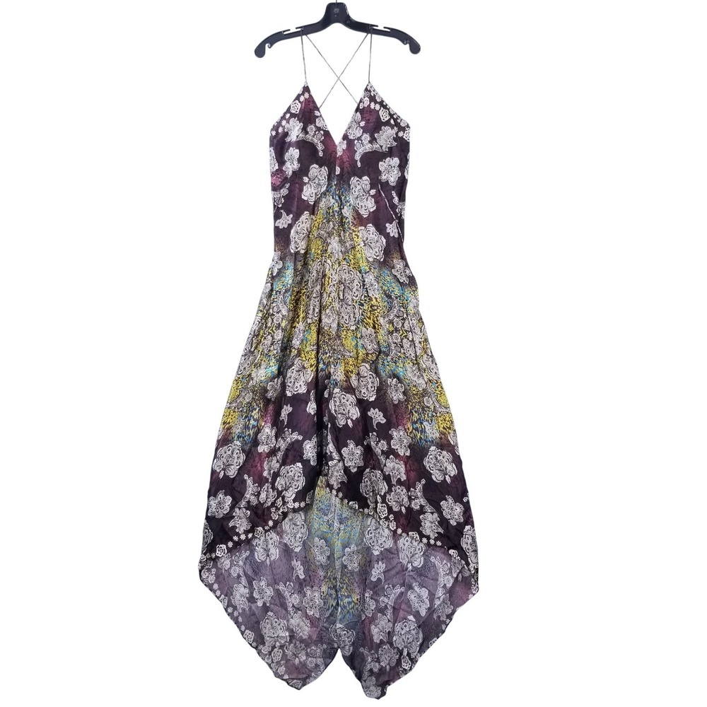 Vintage Y2K Maxi Dress 8 100% Silk Floral High Low Halter Brown Multi Boho Fairy - Picture 8 of 13